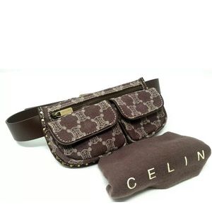 CELINE Macadam Pattern Denim Waist Pouch Bag Women Red Vintage
